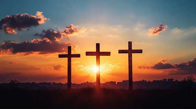 holy saturday cross on top of mountain with evening sky background	

