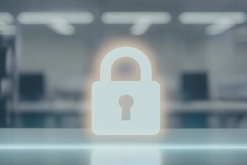 Fototapeta premium glowing padlock icon displayed on transparent glass screen with blurred office equipment in background