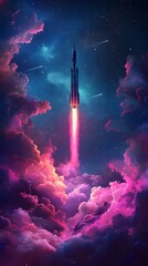 A rocket taking off into space, surrounded by colorful smoke clouds, in the style of vector illustration, flat design