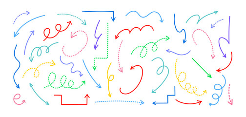 Hand-drawn decorative colorful arrows and curved lines on white background