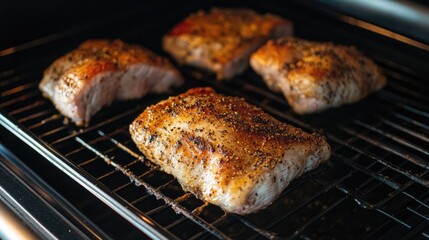 Juicy Grilled Meat on a Rack with Seasoning in Modern Kitchen