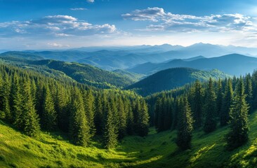 Fototapeta premium Majestic Mountain Range with Lush Green Coniferous Forest