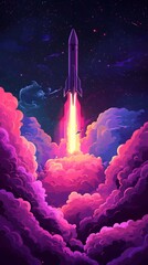 A rocket taking off into space, surrounded by colorful smoke clouds, in the style of vector illustration, flat design