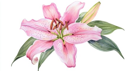Fototapeta premium Hand drawn watercolor pink lily flower isolated on white background