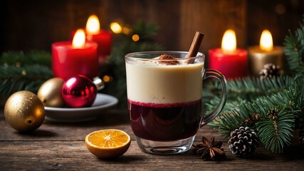 eggnog or mulled wine served on a wooden table with Christmas theme