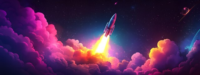 A rocket taking off into space, surrounded by colorful smoke clouds, in the style of vector illustration, flat design