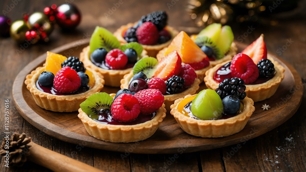 Wall mural mini fruit tarts served on a wooden table with Christmas theme