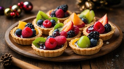 mini fruit tarts served on a wooden table with Christmas theme
