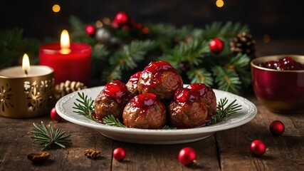mini meatballs with cranberry sauce served on a wooden table with Christmas theme