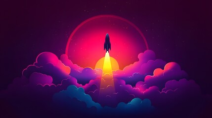 A rocket taking off into space, surrounded by colorful smoke clouds, in the style of vector illustration, flat design