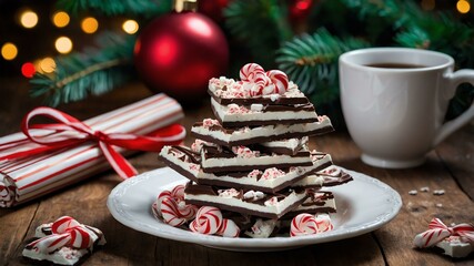 peppermint bark served on a wooden table with Christmas theme