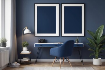 White home office, dark blue armchair, with blank frame poster
