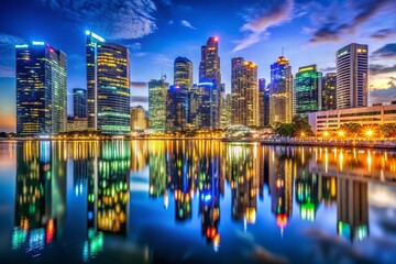 Naklejka premium Captivating Nighttime City Skyline with Illuminated Buildings Reflecting on Calm Waters for Modern Urban Architecture Lovers