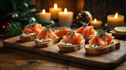 smoked salmon crostini served on a wooden table with Christmas theme