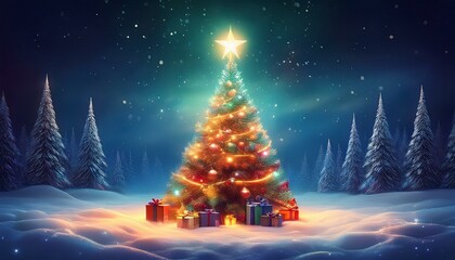 Obraz premium Christmas Tree On Snow At Night With Shiny Star And Gift Boxes In Winter Forest or christmas tree with gifts and snowflakes