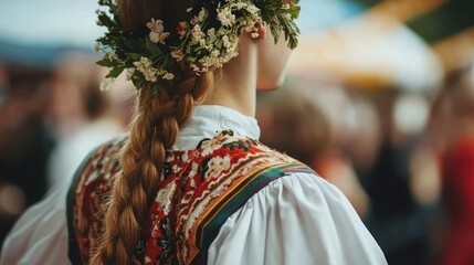 Slavic Woman in Traditional Garb at a Festive Gathering