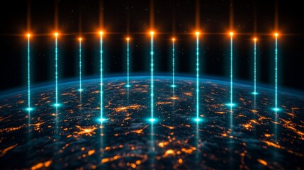 Obraz premium Brilliant glowing lines shoot towards the stars, illuminating a vibrant Earth below at night