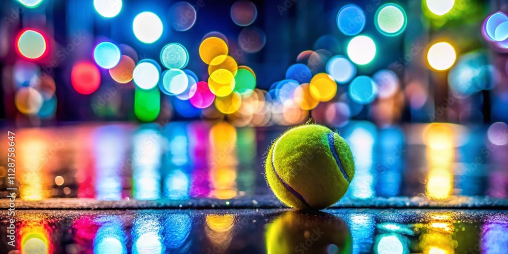Poster captivating nighttime tennis ball photography with abstract bokeh from street lights creating a uniq