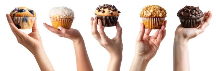 Collection set of hand holding Muffin muffins on transparent cutout, PNG file. Many assorted different flavour, blueberry, coconut, choco, chocolate, chip, oat,. Mockup template for artwork design