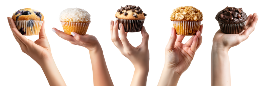 Collection set of hand holding Muffin muffins on transparent cutout, PNG file. Many assorted different flavour, blueberry, coconut, choco, chocolate, chip, oat,. Mockup template for artwork design