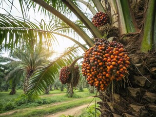 Captivating Oil Palm Fruit Bunches on Tree in Thailand with Vintage Camera Effect, Soft Focus, and Toned Color Filter for a Nostalgic Aesthetic