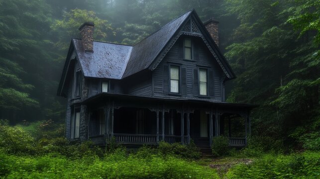 A dark, mysterious Victorian house surrounded by dense fog and greenery creates an eerie atmosphere, suitable for film production, book covers - Powered by Adobe