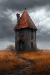 Fototapeta premium A solitary, weathered house stands amidst tall, autumn grasses under a stormy sky, creating a moody atmosphere perfect for use in horror themes, storytelling, or atmospheric landscapes,