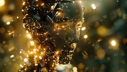 Golden Glittering Robotic Face Art Digital Creation