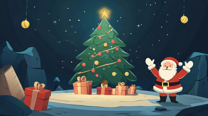 cheerful Santa Claus stands beside beautifully decorated Christmas tree, surrounded by colorful gifts, creating festive holiday atmosphere