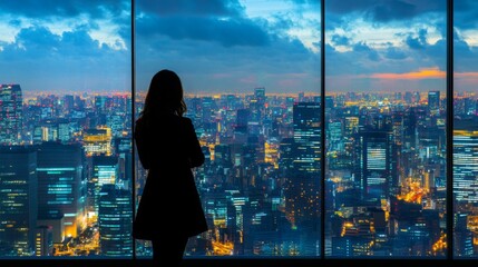 Fototapeta premium Silhouette of a Woman Gazing at a Nighttime Cityscape