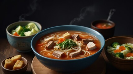 Steaming Tomato Soup Noodles With Tofu And Vegetables