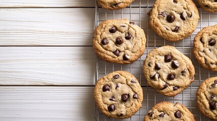 Chocolate chip cookies on a wire rack on white wooden table