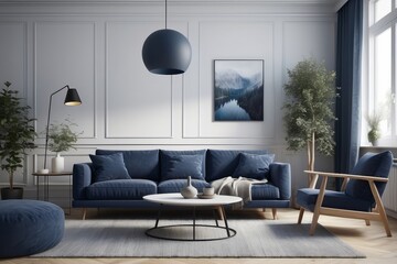 Dark blue sofa and recliner chair in scandinavian apartment. Interior design of modern living room