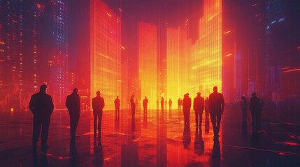 Silhouettes of people standing in a futuristic city illuminated by red and yellow neon lights