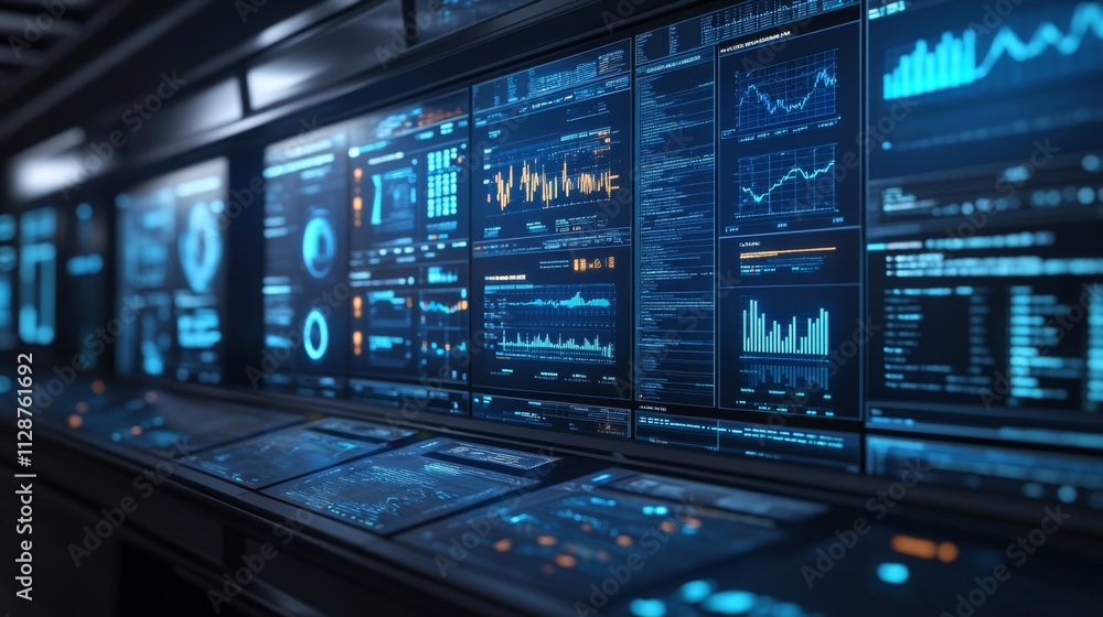 Poster wall of monitors displaying data graphs and charts in a dark room