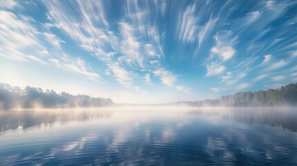 Obraz premium High-end photography of a serene lake on a misty morning, the sky above filled with wondering clouds