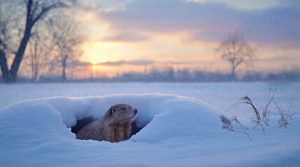 Obraz premium Groundhog emerging from burrow against snowy landscape for Groundhog Day