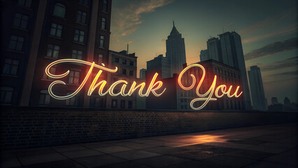 Neon "Thank You" sign against a nighttime city backdrop