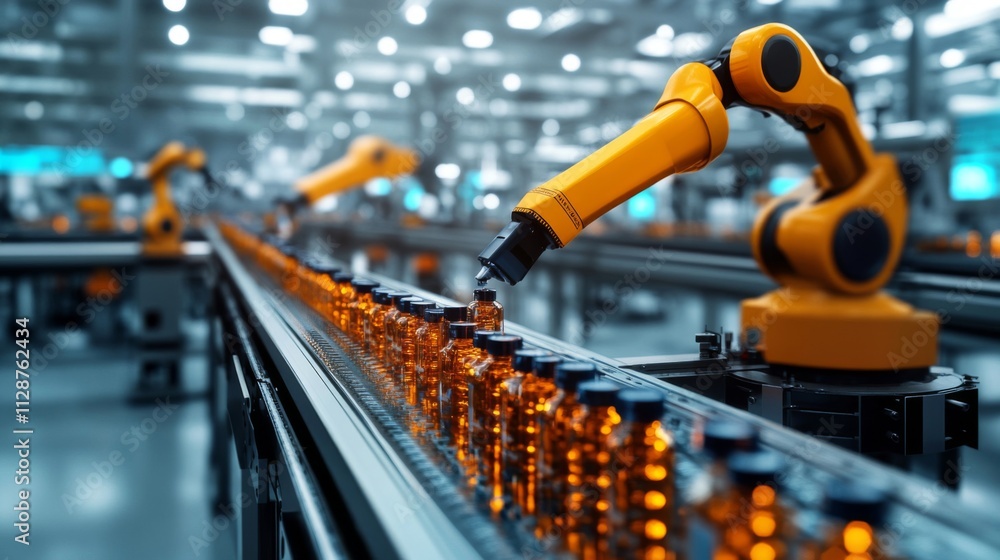 Poster robotic arm filling bottles on a conveyor belt in a factory setting