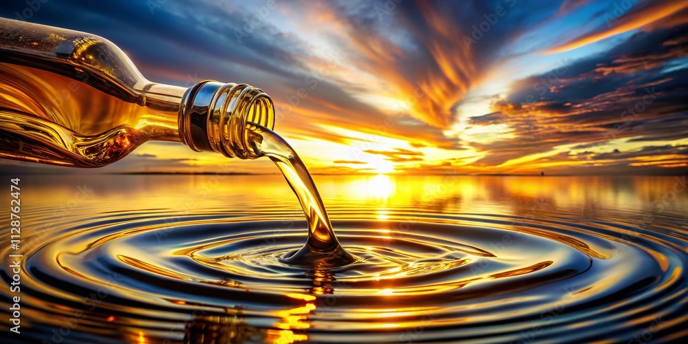 Poster captivating panoramic view of oil being poured with glimmering liquid reflections on a smooth surfac