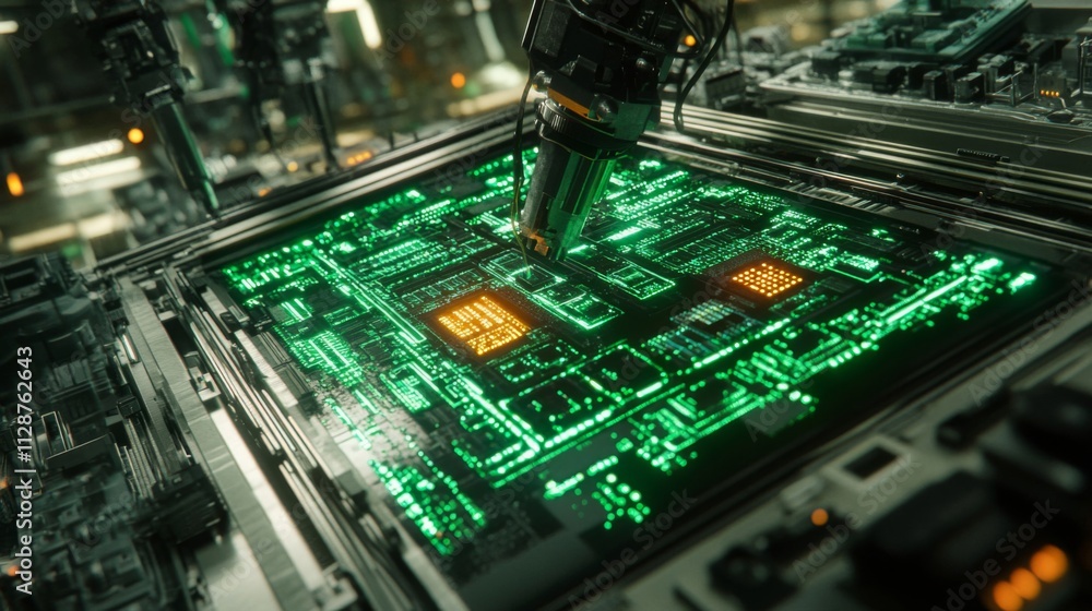 Poster robotic arm assembling a futuristic circuit board