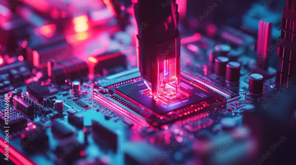 Poster a close-up of a cpu socket on a motherboard with neon lighting