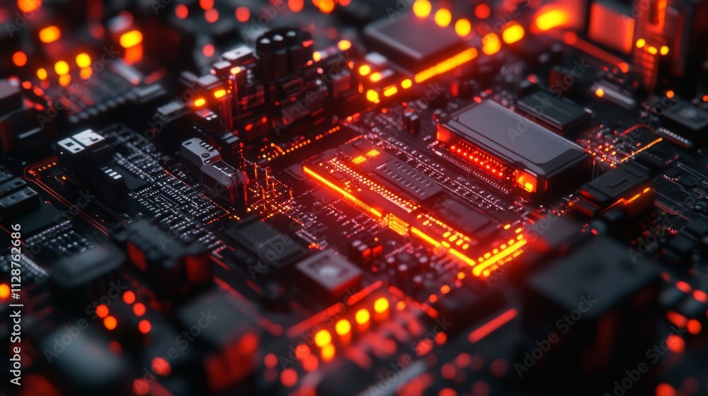 Poster close-up of a red-lit circuit board with integrated components