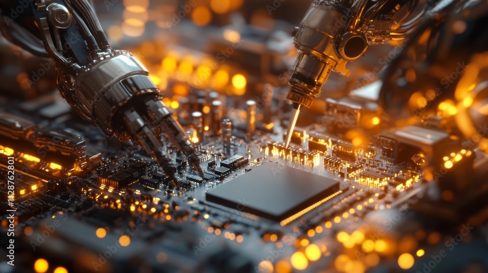 Poster robotic arms assembling a circuit board with glowing components
