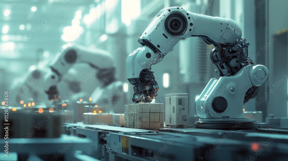 Poster robotic arm placing cardboard boxes on conveyor belt in factory setting