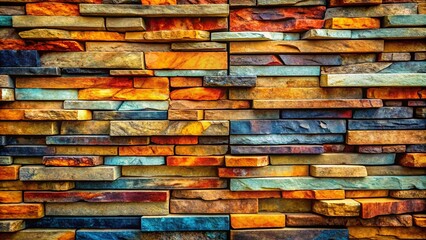 A Textured Wall of Multicolored Stones Arranged in Horizontal Rows and Varied Lengths, Creating a Visual Rhythm
