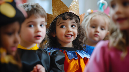 Children dressed in costumes acting out a story during a kindergarten playtime activity.