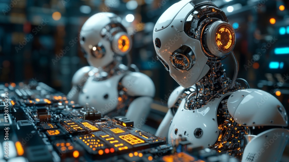 Poster white robotic figures working on circuitry in a futuristic setting