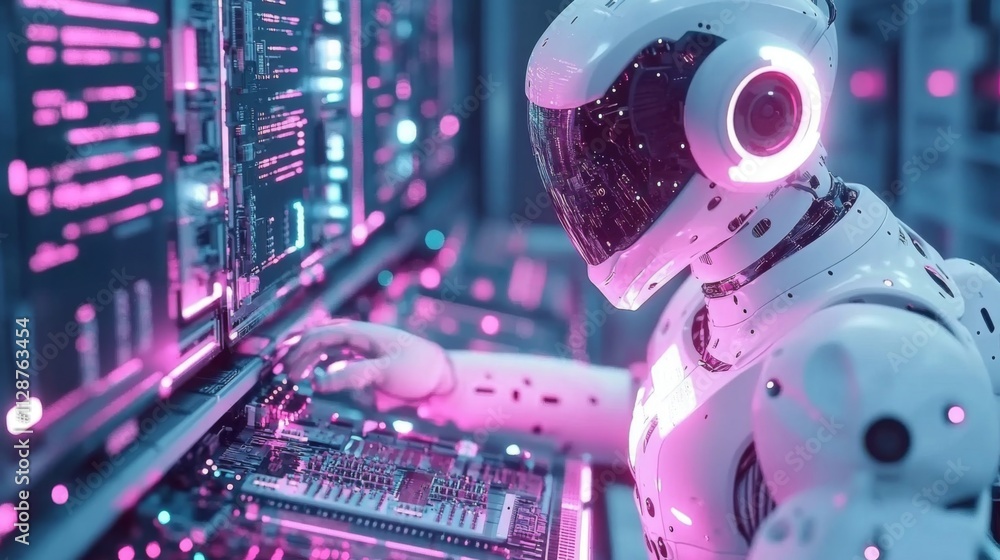 Poster a humanoid robot working on a computer system with glowing pink and blue lights.