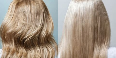 Fototapeta premium Woman with long wavy blond dyed hair from back view on grey background. Woman's light hair before and after keratin or coloring and styling. Hair treatment result before and after.